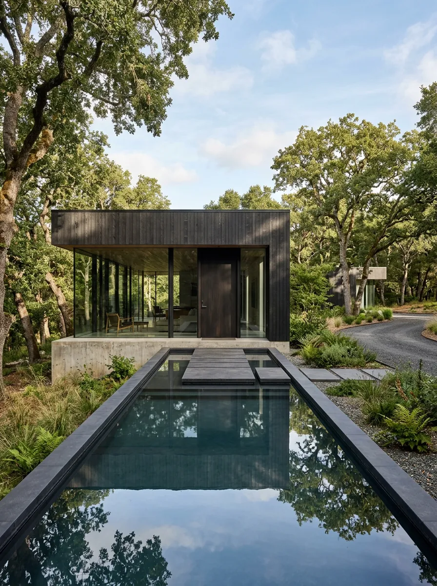 Transform this ranch home into a modern minimalist villa with black cladding, floor-to-ceiling glass, and a flat roof