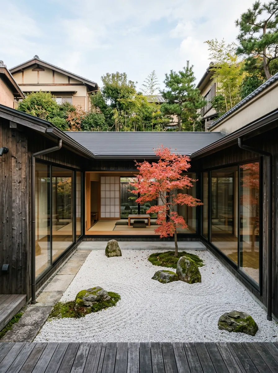 A Japanese courtyard home with dark cedar siding, a zen garden with raked gravel, and sliding glass walls