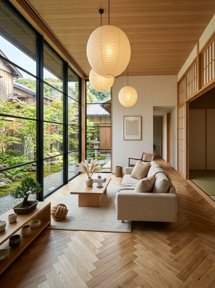Redesign this living room in warm Japandi style — white oak floors, linen sofa, paper lanterns, and natural light