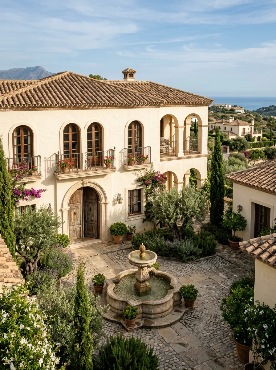 Reimagine this suburban house as a Mediterranean estate with stucco walls, terracotta roof, and arched windows