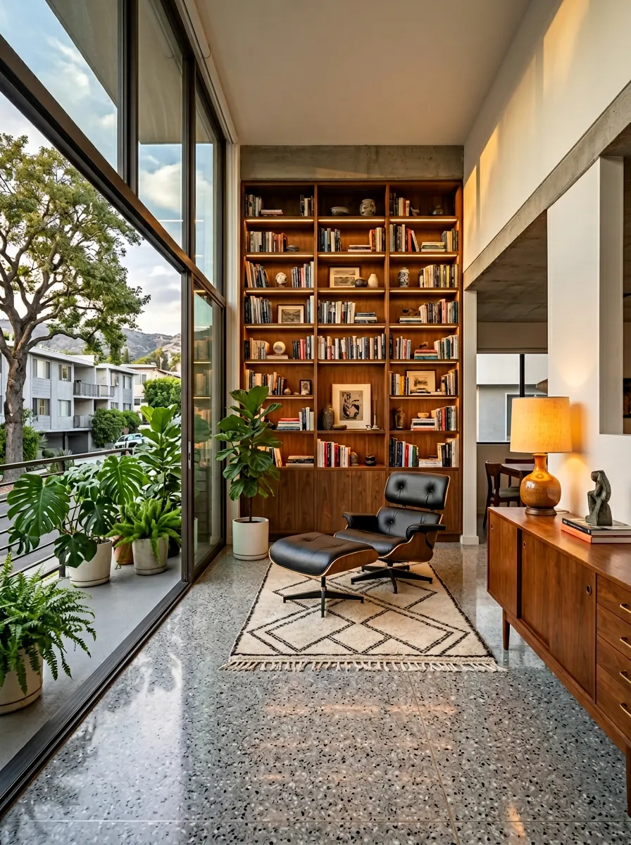 Stage this empty apartment with mid-century modern furniture, walnut credenza, and warm ambient lighting