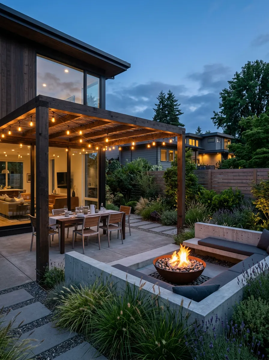 Redesign this backyard into a modern outdoor living space with a pergola, fire pit, and native plantings