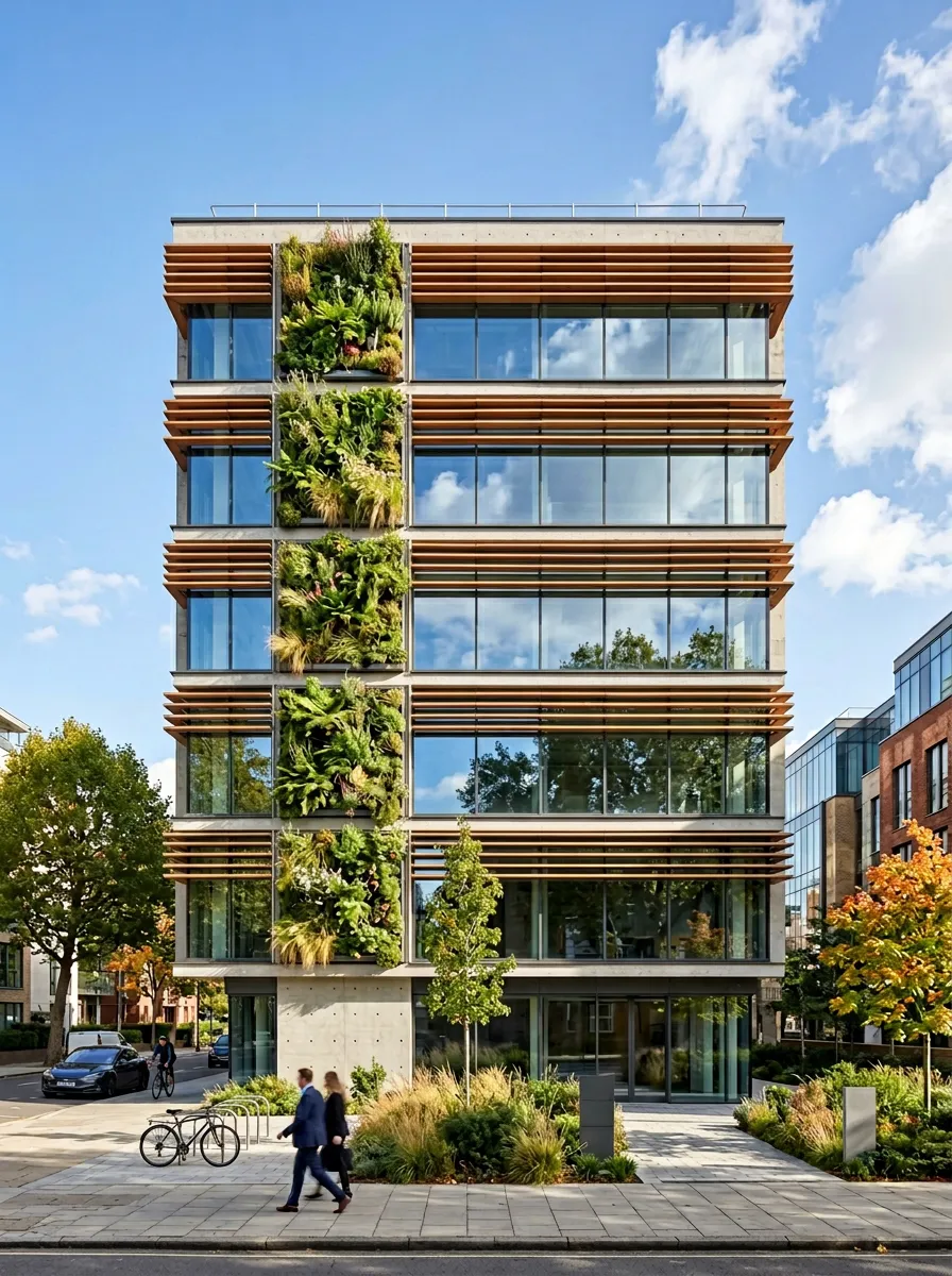 Transform this office building facade into a biophilic design with vertical gardens and timber louvers