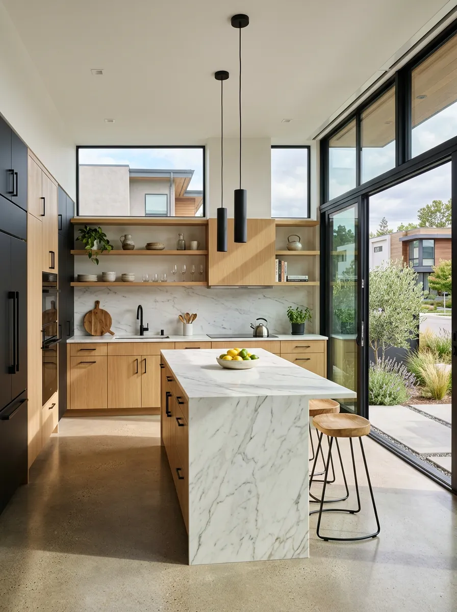 Convert this dated kitchen into a contemporary space with marble countertops, matte black fixtures, and open shelving