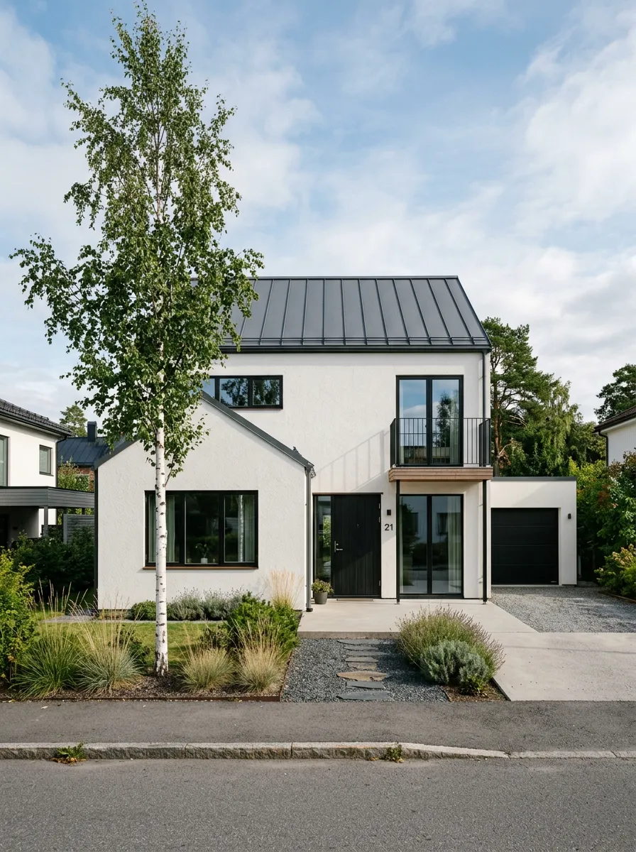 Reimagine this colonial exterior as a Scandinavian-inspired home with white render, black window frames, and a standing seam roof