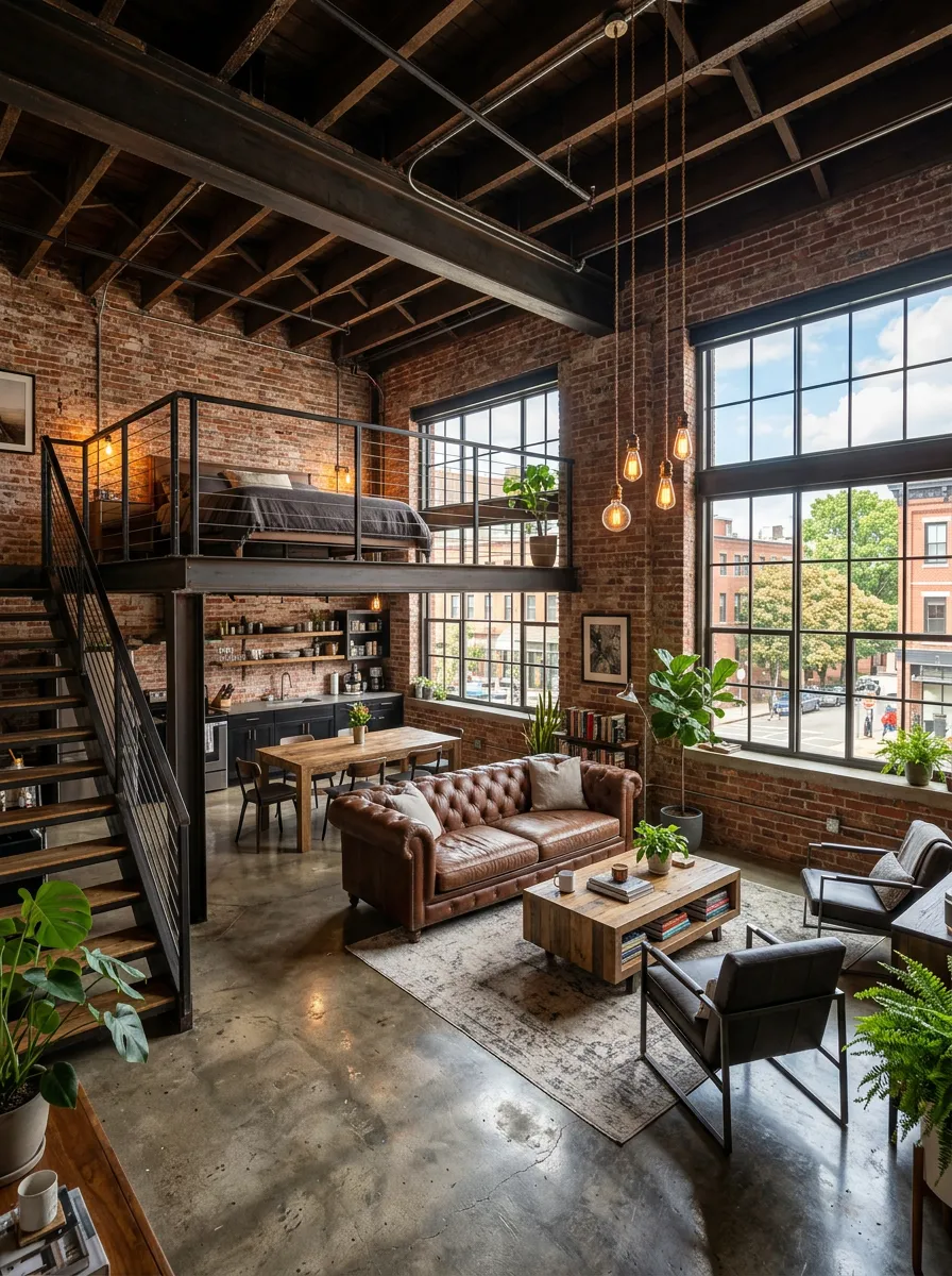 A spacious industrial loft with exposed brick walls, steel beams, polished concrete floors, and vintage Edison bulbs